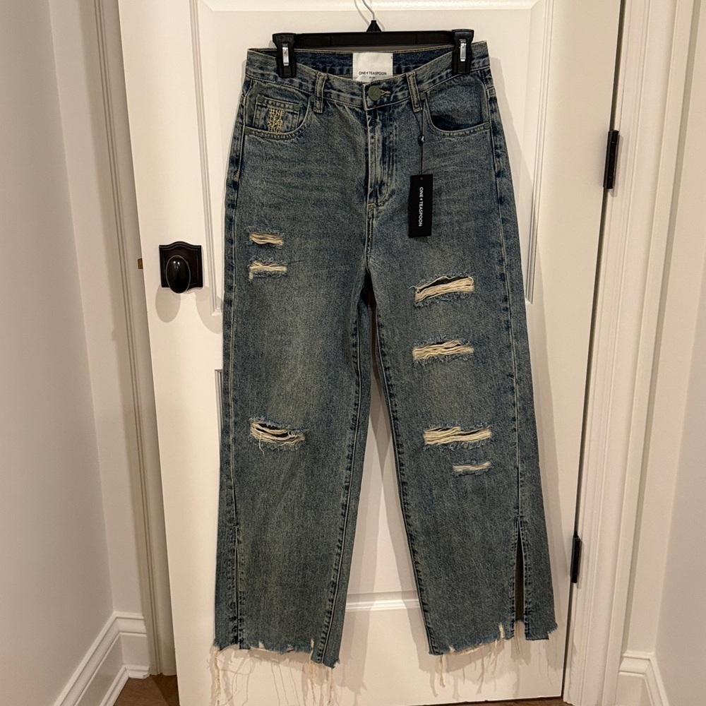 One Teaspoon Billie Low Slung Straight Leg Mid Waist Denim Jeans - Used Blue - Picture 2 of 4